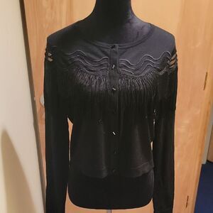 Elie Tahari Chic Black Fringe Cardigan sz med